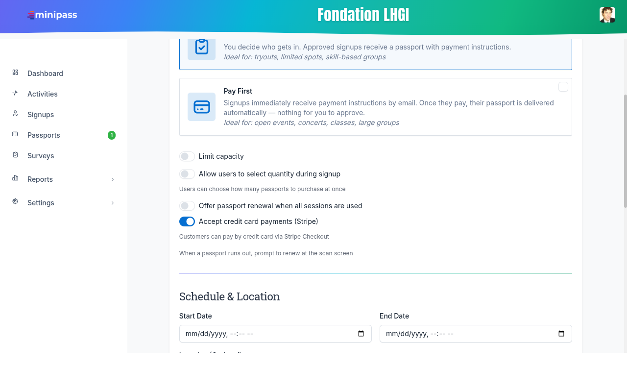 Option carte de crédit dans l'activité