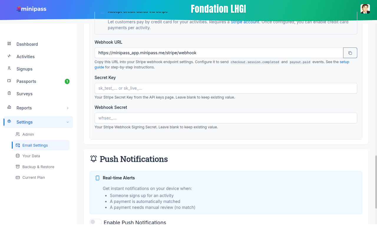 Paramètres Stripe dans Minipass