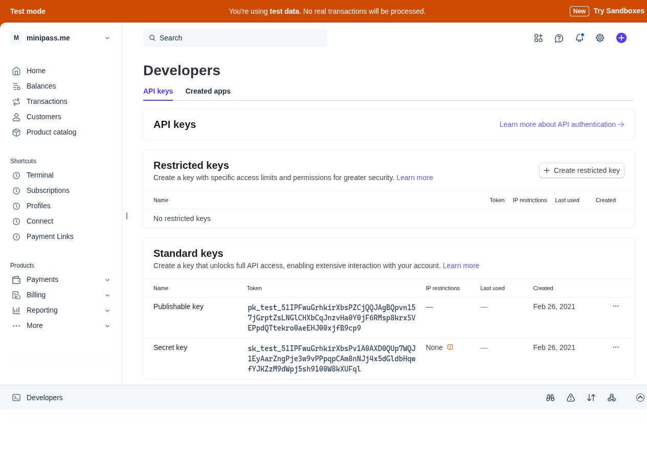 Page Clés API Stripe en mode test