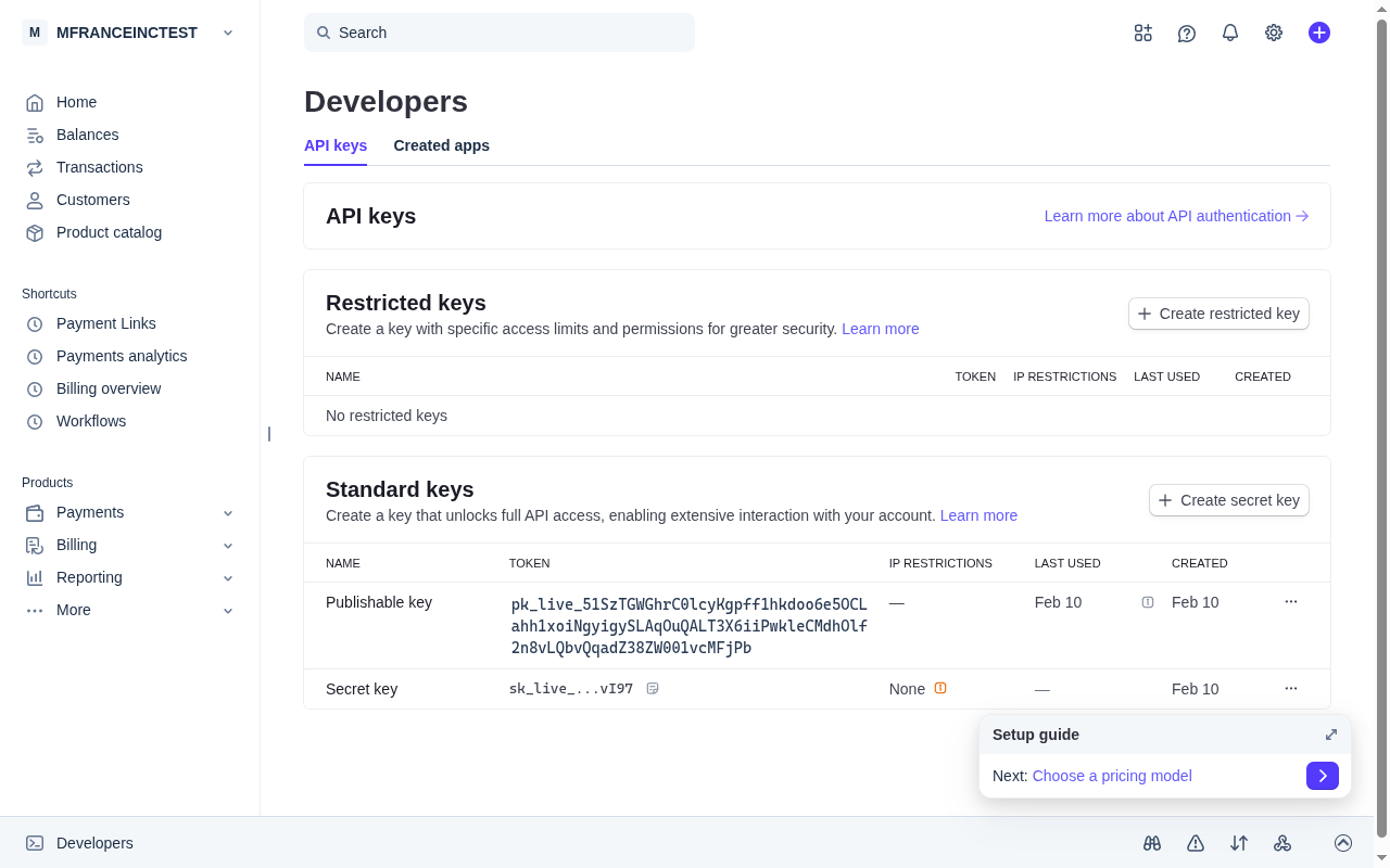 Page Clés API Stripe